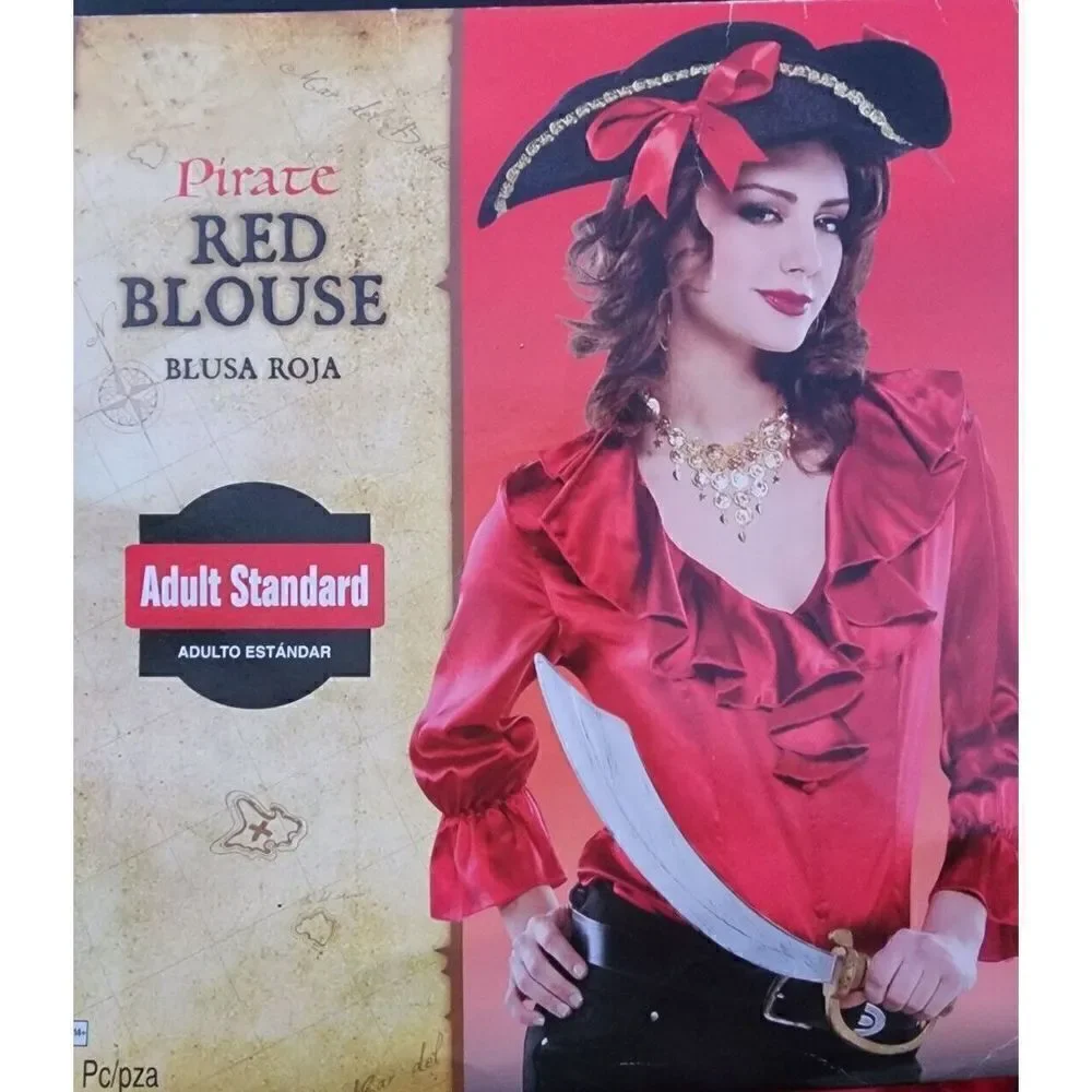 Pirate Blouse Renaissance Red Blouse Costume Top Adult Standard Up to Size 8